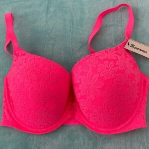 No Boundaries NWT Women’s Vibrant Neon Pink Floral Lace Push-Up Bra Size 38DD
